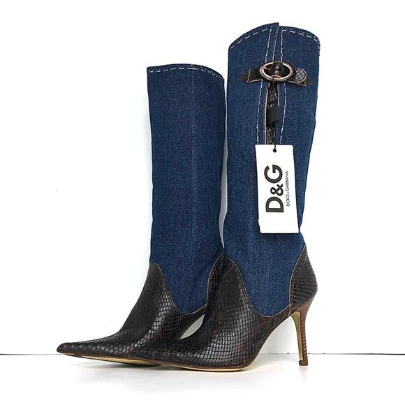 Vintage Dolce and Gabbana Denim Snakeskin Tall Pointed Toe Heeled Boots 35 - Picture 1 of 9